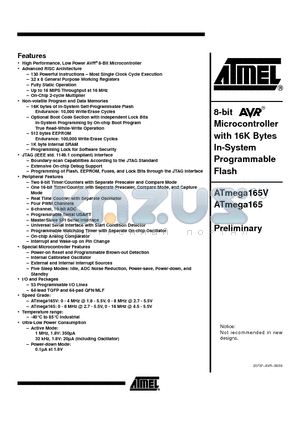 ATMEGA165-16MI datasheet - 8-bit Microcontroller with 16K Bytes In-System Programmable Flash
