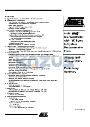 ATMEGA165PV datasheet - 8-bit Microcontroller with 16K Bytes In-System Programmable Flash