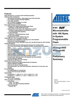 ATMEGA165-16AI datasheet - 8-bit Microcontroller with 16K Bytes In-System Programmable Flash