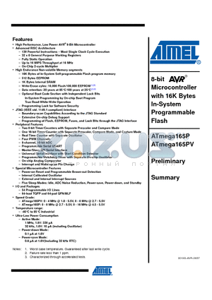 ATMEGA165PV-8MU datasheet - 8-bit Microcontroller with 16K Bytes In-System Programmable Flash