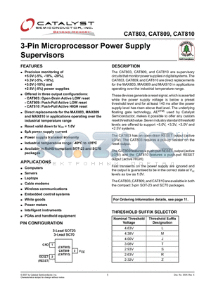 CAT803LTBI-GT10 datasheet - 3-Pin Microprocessor Power Supply Supervisors