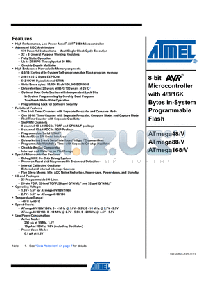 ATMEGA168 datasheet - 8-bit Microcontroller with 4/8/16K Bytes In-System Programmable Flash