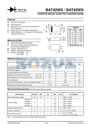 BAT42WS-T3 datasheet - SURFACE MOUNT SCHOTTKY BARRIER DIODE