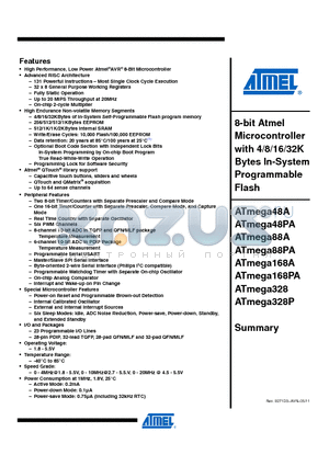 ATMEGA168A datasheet - 8-bit Atmel Microcontroller with 4/8/16/32K Bytes In-System Programmable Flash