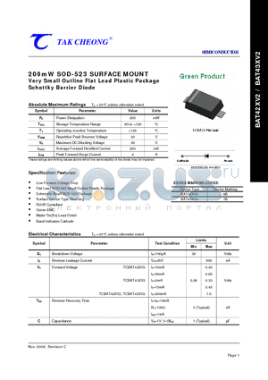 BAT42XV2 datasheet - 200mW SOD-523 SURFACE MOUNT Very Small Outline Flat Lead Plastic Package Schottky Barrier Diode