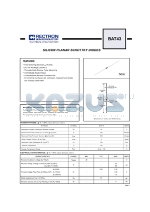 BAT43 datasheet - SILICON PLANAR SCHOTTKY DIODES