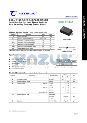 BAT43WS datasheet - 200mW SOD-323 SURFACE MOUNT Small Outline Flat Lead Plastic Package Fast Switching Schottky Barrier Diode