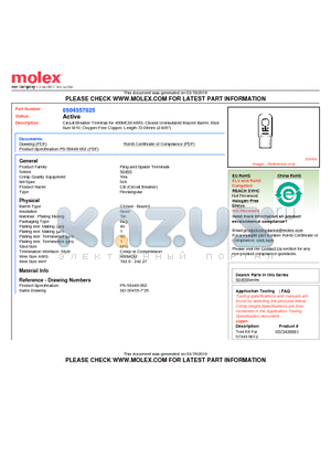 0504557025 datasheet - Circuit Breaker Terminal for 400MCM AWG, Closed Uninsulated Brazed Barrel, StudSize M10, Oxygen-Free Copper, Length 72.00mm (2.835