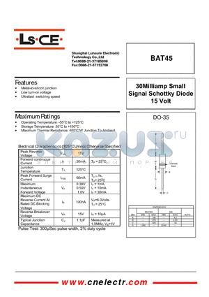 BAT45 datasheet - 30 Milliamp small signal schottky diode 15volt