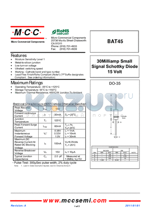 BAT45 datasheet - 30Milliamp Small Signal Schottky Diode 15 Volt