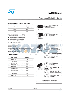 BAT46CWFILM datasheet - Small signal Schottky diodes