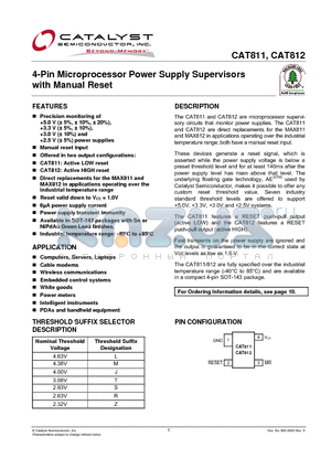 CAT811LTBI-GT10 datasheet - 4-Pin Microprocessor Power Supply Supervisors with Manual Reset
