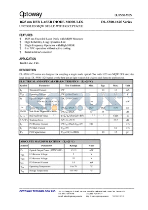 DL-5500-1625 datasheet - 1625 nm DFB LASER DIODE MODULES UNCOOLED MQW DFB LD WITH RECEPTACLE