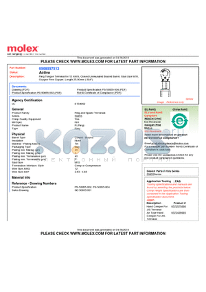 0508557512 datasheet - Ring Tongue Terminal for 12 AWG, Closed Uninsulated Brazed Barrel, Stud Size M10Oxygen-Free Copper, Length 25.00mm (.984