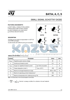 BAT54 datasheet - SMALL SIGNAL SCHOTTKY DIODE