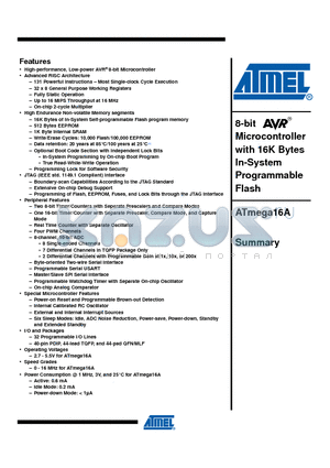 ATMEGA16A-AU datasheet - 8-bit Microcontroller with 16K Bytes In-System Programmable Flash