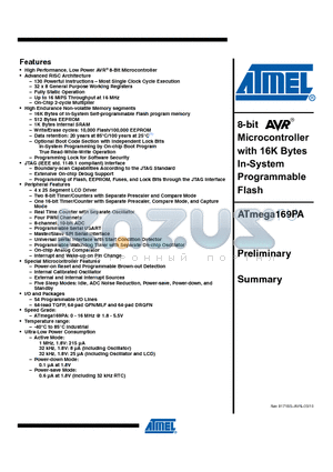 ATMEGA169PA-AUR datasheet - 8-bit Microcontroller with 16K Bytes In-System Programmable Flash