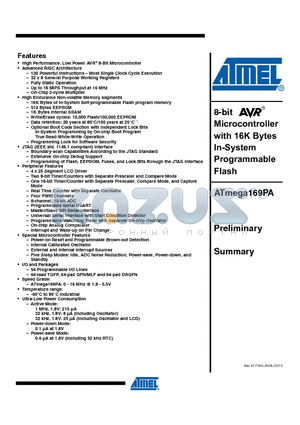 ATMEGA169PA-MCUR datasheet - 8-bit Microcontroller with 16K Bytes In-System Programmable Flash