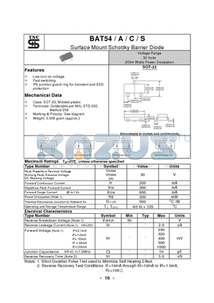 BAT54 datasheet - Surface Mount Schottky Barrier Diode