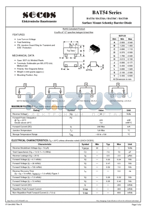 BAT54 datasheet - Surface Mount Schottky Barrier Diode