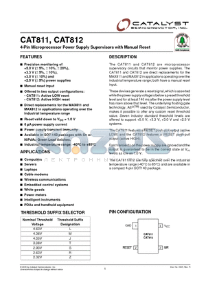 CAT811ZTBIGT10 datasheet - 4-Pin Microprocessor Power Supply Supervisors with Manual Reset