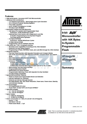 ATMEGA16L-8AU datasheet - 8-bit Microcontroller with 16K Bytes In-System Programmable Flash