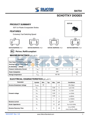 BAT54 datasheet - SCHOTTKY DIODES