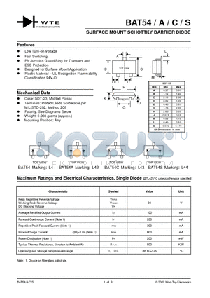 BAT54-T1 datasheet - SURFACE MOUNT SCHOTTKY BARRIER DIODE