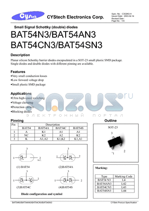 BAT54A datasheet - Small Signal Schottky (double) diodes