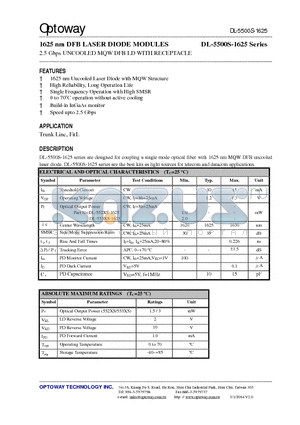 DL-5520-1625-FS datasheet - 1625 nm DFB LASER DIODE MODULES 2.5 Gbps UNCOOLED MQW DFB LD WITH RECEPTACLE