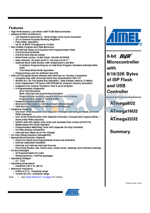 ATMEGA16U2 datasheet - 8-bit Microcontroller with 8/16/32K Bytes of ISP Flash and USB Controller