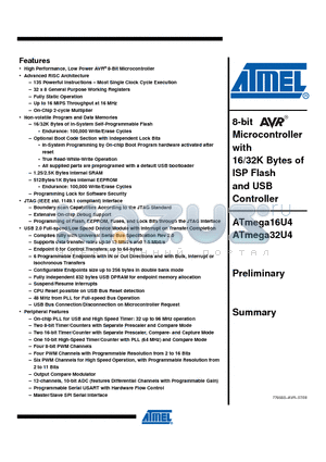 ATMEGA16U4 datasheet - 8-bit Microcontroller with 16/32K Bytes of ISP Flash and USB Controller