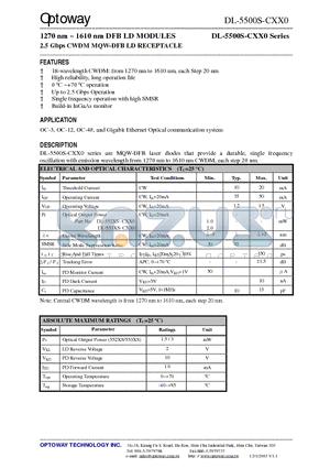 DL-5520-C350-F datasheet - 1270 nm ~ 1610 nm DFB LD MODULES 2.5 Gbps CWDM MQW-DFB LD RECEPTACLE