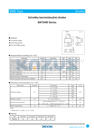 BAT54AW datasheet - Schottky barrier(double) diodes