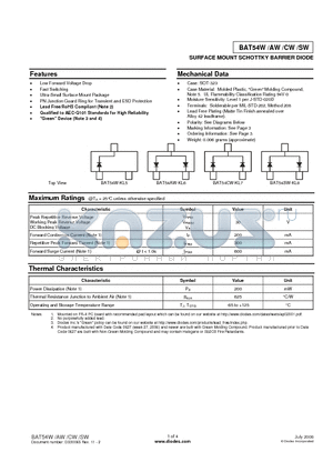 BAT54AW-7-F datasheet - SURFACE MOUNT SCHOTTKY BARRIER DIODE