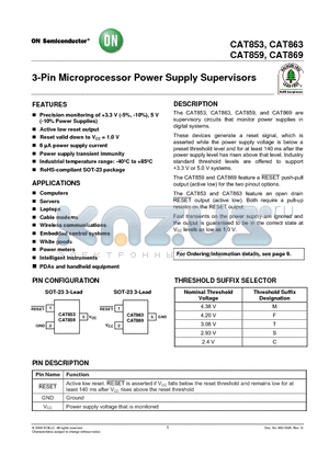 CAT853TTBI-G datasheet - 3-Pin Microprocessor Power Supply Supervisors