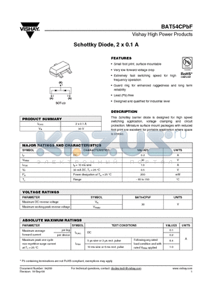 BAT54C datasheet - Schottky Diode, 2 x 0.1 A