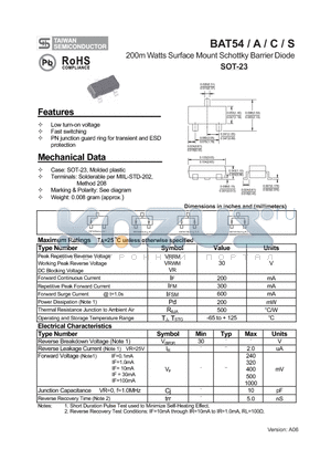 BAT54C datasheet - 200m Watts Surface Mount Schottky Barrier Diode