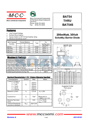 BAT54C datasheet - 200mWatt, 30Volt Schottky Barrier Diode
