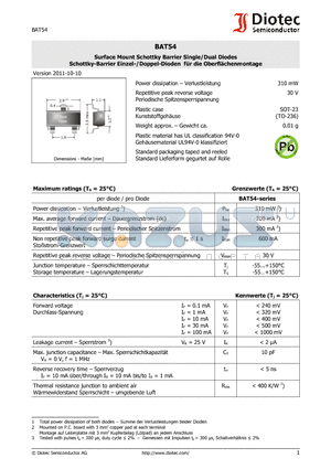 BAT54C datasheet - Surface Mount Schottky Barrier Single/Dual Diodes