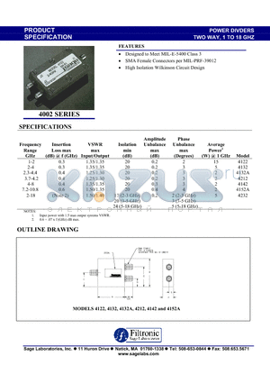 4122 datasheet - POWER DIVDERS - TWO WAY, 1TO 18 GHZ