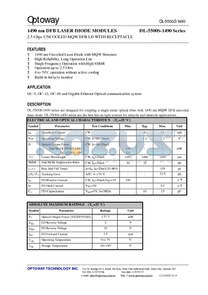 DL-5520S-1490-SS datasheet - 1490 nm DFB LASER DIODE MODULES 2.5 Gbps UNCOOLED MQW DFB LD WITH RECEPTACLE