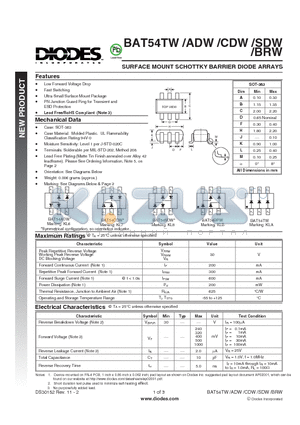 BAT54CDW-7-F datasheet - SURFACE MOUNT SCHOTTKY BARRIER DIODE ARRAYS