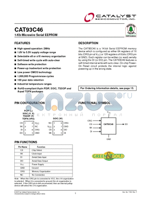 CAT93C46LIT2 datasheet - 1-Kb Microwire Serial EEPROM