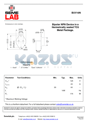 BUV10N datasheet - Bipolar NPN Device in a Hermetically sealed TO3 Metal Package