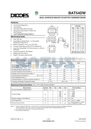 BAT54DW-7-F datasheet - DUAL SURFACE MOUNT SCHOTTKY BARRIER DIODE