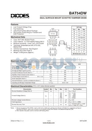 BAT54DW-7 datasheet - DUAL SURFACE MOUNT SCHOTTKY BARRIER DIODE