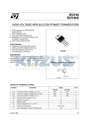 BUV46A datasheet - HIGH VOLTAGE NPN SILICON POWER TRANSISTORS