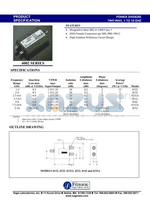 4142 datasheet - POWER DIVDERS - TWO WAY, 1TO 18 GHZ