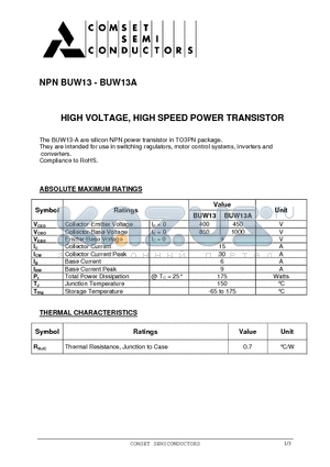 BUW13 datasheet - HIGH VOLTAGE, HIGH SPEED POWER TRANSISTOR